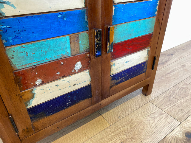 Detailreiche Kommode handgefertigt aus altem Bootsholz in Originalfarben I Sideboard Wäschekommode Flurkommode Schuhschrank Schuhkommode Badschrank Teakholz I
