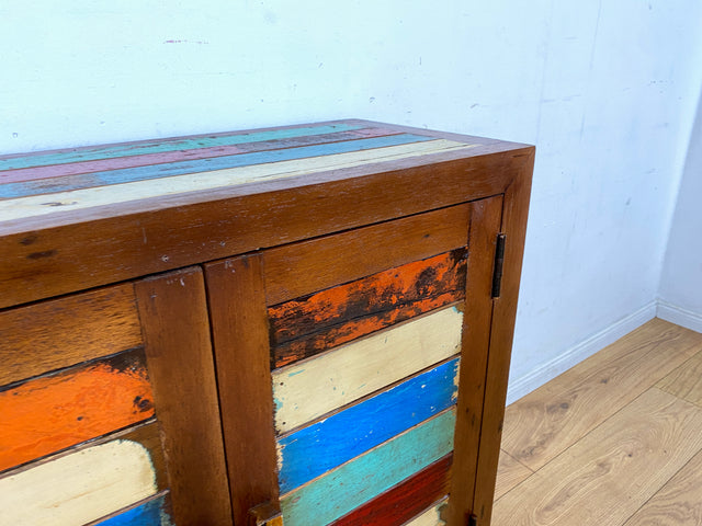 Detailreiche Kommode handgefertigt aus altem Bootsholz in Originalfarben I Sideboard Wäschekommode Flurkommode Schuhschrank Schuhkommode Badschrank Teakholz I