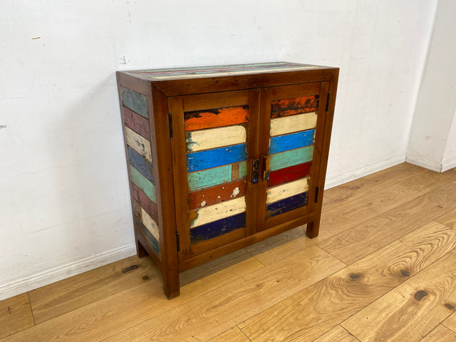 Detailreiche Kommode handgefertigt aus altem Bootsholz in Originalfarben I Sideboard Wäschekommode Flurkommode Schuhschrank Schuhkommode Badschrank Teakholz I