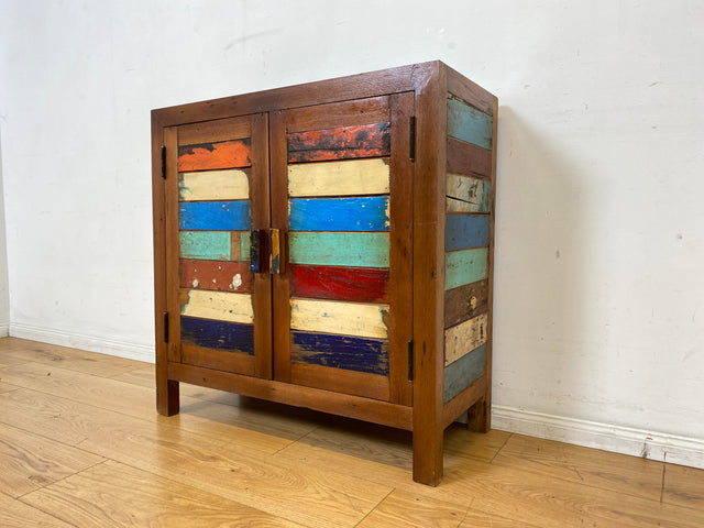 Detailreiche Kommode handgefertigt aus altem Bootsholz in Originalfarben I Sideboard Wäschekommode Flurkommode Schuhschrank Schuhkommode Badschrank Teakholz I