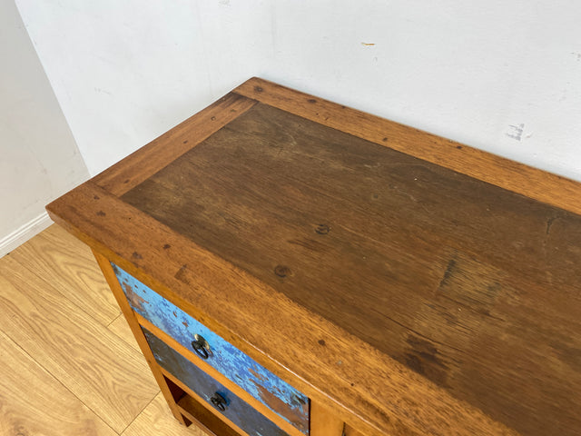 Besonderer Küchenschrank handgefertigt aus altem Bootsholz mit Schubladen und Lamellen I Teakholz massiv I Sideboard Schrank Büfett Buffet Anrichte Kommode Küche I