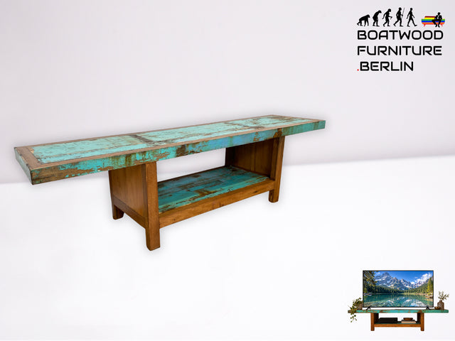 Einzigartiges offenes Lowboard handgefertigt aus altem Bootsholz in Originalfarben I TV-Lowboard Fernsehbank Sideboard Bank Ablage Regal Phonoschrank Kommode I