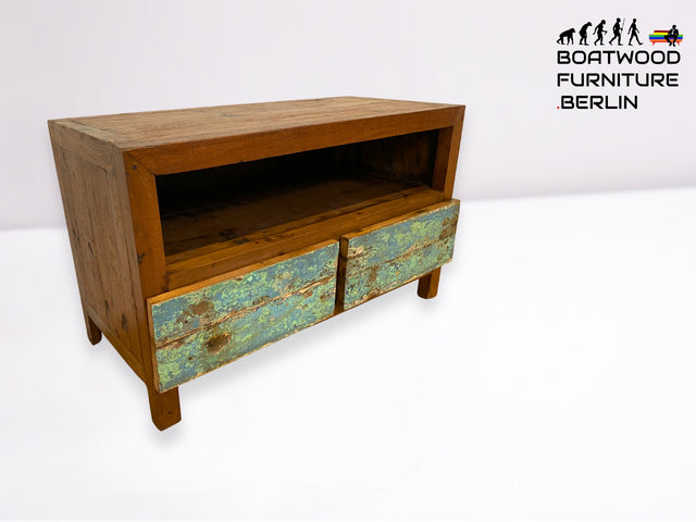 Boatwood by WMK I Meeresblaues TV Lowboard mit Schubladen & Fach I handgefertigt aus altem Bootsholz I Teakholz massiv I Sideboard Kommode Bank Rack Stand Fernsehkommode Berlin Leipzig Recklinghausen