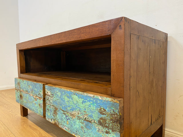 Boatwood by WMK I Meeresblaues TV Lowboard mit Schubladen & Fach I handgefertigt aus altem Bootsholz I Teakholz massiv I Sideboard Kommode Bank Rack Stand Fernsehkommode Berlin Leipzig Recklinghausen