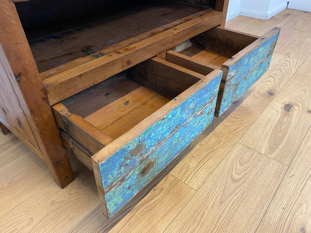 Boatwood by WMK I Meeresblaues TV Lowboard mit Schubladen & Fach I handgefertigt aus altem Bootsholz I Teakholz massiv I Sideboard Kommode Bank Rack Stand Fernsehkommode Berlin Leipzig Recklinghausen