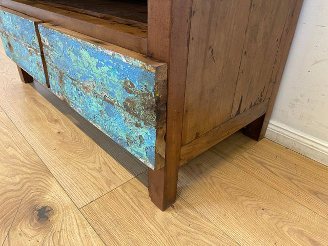 Boatwood by WMK I Meeresblaues TV Lowboard mit Schubladen & Fach I handgefertigt aus altem Bootsholz I Teakholz massiv I Sideboard Kommode Bank Rack Stand Fernsehkommode Berlin Leipzig Recklinghausen