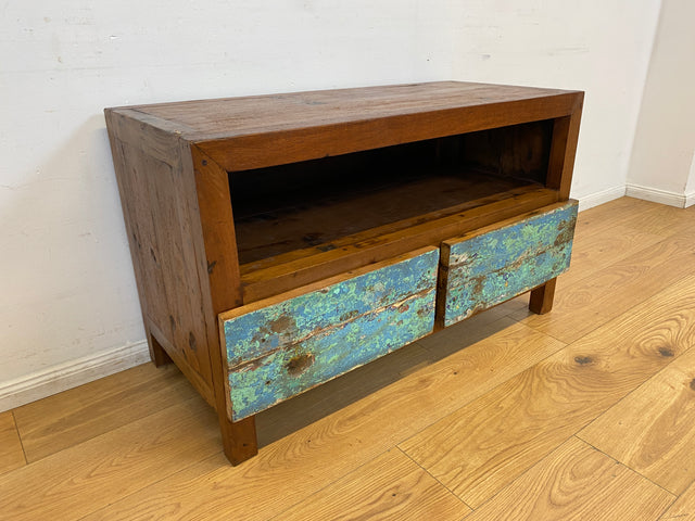 Boatwood by WMK I Meeresblaues TV Lowboard mit Schubladen & Fach I handgefertigt aus altem Bootsholz I Teakholz massiv I Sideboard Kommode Bank Rack Stand Fernsehkommode Berlin Leipzig Recklinghausen