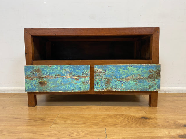 Boatwood by WMK I Meeresblaues TV Lowboard mit Schubladen & Fach I handgefertigt aus altem Bootsholz I Teakholz massiv I Sideboard Kommode Bank Rack Stand Fernsehkommode Berlin Leipzig Recklinghausen