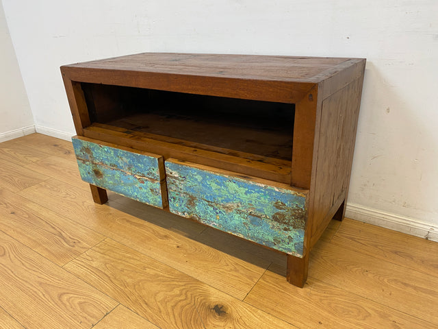Boatwood by WMK I Meeresblaues TV Lowboard mit Schubladen & Fach I handgefertigt aus altem Bootsholz I Teakholz massiv I Sideboard Kommode Bank Rack Stand Fernsehkommode Berlin Leipzig Recklinghausen
