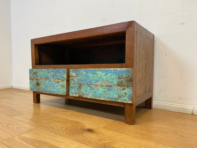 Boatwood by WMK I Meeresblaues TV Lowboard mit Schubladen & Fach I handgefertigt aus altem Bootsholz I Teakholz massiv I Sideboard Kommode Bank Rack Stand Fernsehkommode Berlin Leipzig Recklinghausen