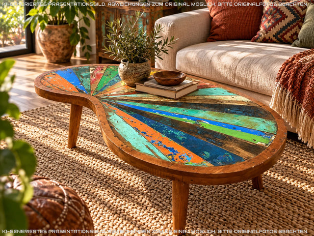 Formschöner und nachhaltiger Couchtisch handgefertigt aus altem Bootsholz in Originalfarben I Teakholz massiv I Nierentisch Wohnzimmertisch Kiddney Coffee Table I