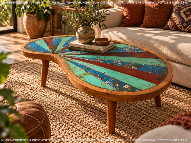 Formschöner und nachhaltiger Couchtisch handgefertigt aus altem Bootsholz in Originalfarben I Teakholz massiv I Wohnzimmertisch Nierentisch Kiddney Coffee Table I