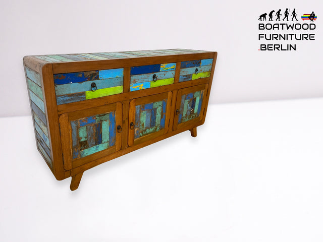 Boatwood by WMK I Nachhaltiges handgefertigtes Sideboard aus altem Bootsholz mit Schubladen I Teakholz massiv I Kommode TV Lowboard Fernsehkommode Wäschekommode Schrank Bootsmöbel Berlin Kiel Bremen