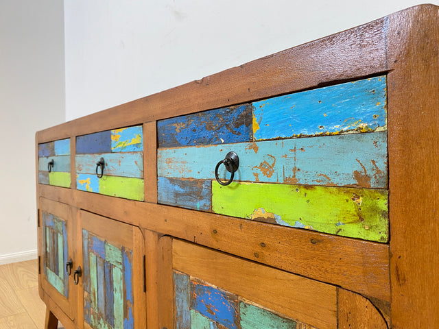 Boatwood by WMK I Nachhaltiges handgefertigtes Sideboard aus altem Bootsholz mit Schubladen I Teakholz massiv I Kommode TV Lowboard Fernsehkommode Wäschekommode Schrank Bootsmöbel Berlin Kiel Bremen