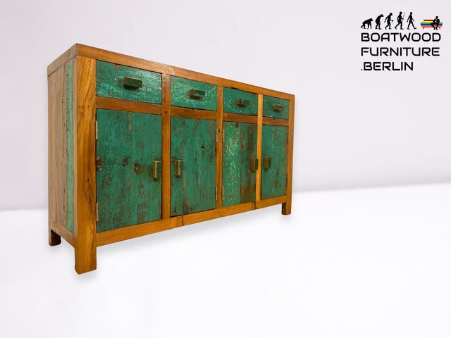 Boatwood by WMK I Nachhaltiges Sideboard handgefertigt aus altem Bootsholz mit Schubladen I Teakholz massiv I Schrank Wäschekommode Kommode Anrichte TV Lowboard Bootsmöbel Teak Berlin Köln Regensburg