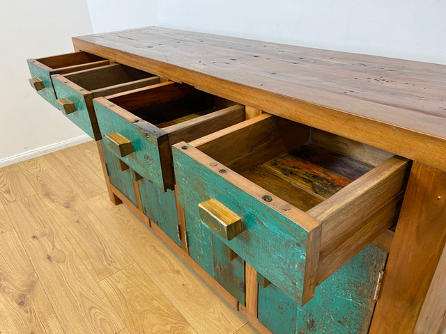 Boatwood by WMK I Nachhaltiges Sideboard handgefertigt aus altem Bootsholz mit Schubladen I Teakholz massiv I Schrank Wäschekommode Kommode Anrichte TV Lowboard Bootsmöbel Teak Berlin Köln Regensburg