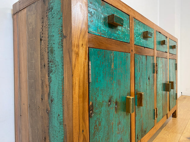 Boatwood by WMK I Nachhaltiges Sideboard handgefertigt aus altem Bootsholz mit Schubladen I Teakholz massiv I Schrank Wäschekommode Kommode Anrichte TV Lowboard Bootsmöbel Teak Berlin Köln Regensburg