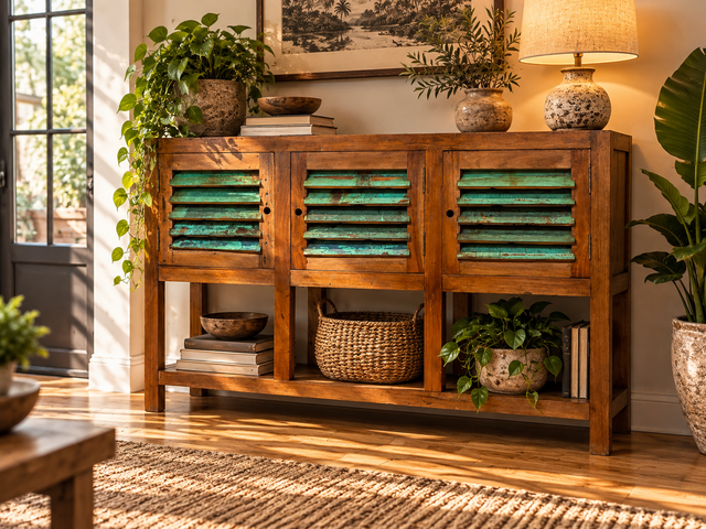 Außergewöhnlicher Schrank handgefertigt aus altem Bootsholz mit Lamellen Türen I Highboard Sideboard Kommode Anrichte Küchenschrank Flurkommode Flurschrank I