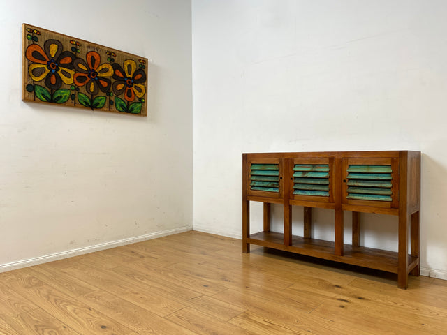 Außergewöhnlicher Schrank handgefertigt aus altem Bootsholz mit Lamellen Türen I Highboard Sideboard Kommode Anrichte Küchenschrank Flurkommode Flurschrank I