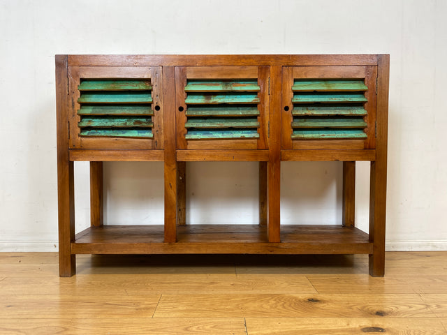 Außergewöhnlicher Schrank handgefertigt aus altem Bootsholz mit Lamellen Türen I Highboard Sideboard Kommode Anrichte Küchenschrank Flurkommode Flurschrank I