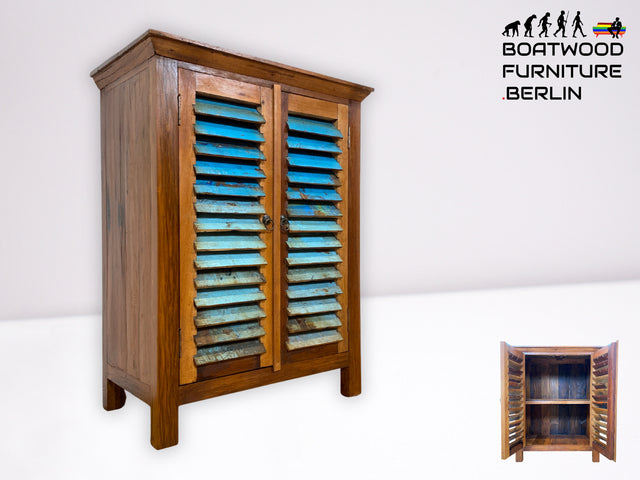 Freundlicher Schrank handgefertigt aus altem Bootsholz mit Lamellen Türen I Highboard Kommode Flurkommode Sideboard Schuhkommode Schuhschrank Wäschekommode I