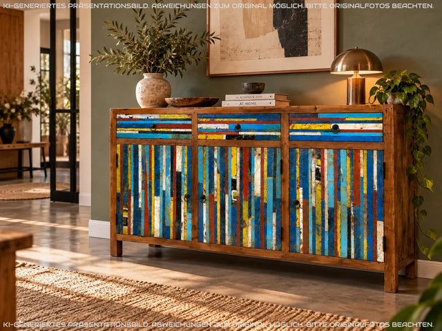 Besonders schönes Sideboard aus altem Bootsholz mit Schubladen I Schrank Anrichte Kommode Buffet Büfett Küchenschrank Flurschrank Fernsehschrank Patchwork I