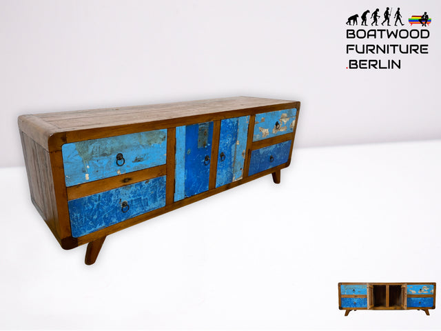 Formschönes Sideboard handgefertigt aus altem Bootsholz in Originalfarben mit Schubladen I Teakholz massiv I Kommode TV Lowboard Fernsehkommode Bank Bootsmöbel I