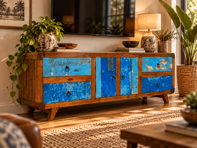 Formschönes Sideboard handgefertigt aus altem Bootsholz in Originalfarben mit Schubladen I Teakholz massiv I Kommode TV Lowboard Fernsehkommode Bank Bootsmöbel I