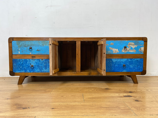 Formschönes Sideboard handgefertigt aus altem Bootsholz in Originalfarben mit Schubladen I Teakholz massiv I Kommode TV Lowboard Fernsehkommode Bank Bootsmöbel I