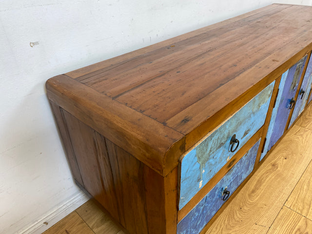 Formschönes Sideboard handgefertigt aus altem Bootsholz in Originalfarben mit Schubladen I Teakholz massiv I Kommode TV Lowboard Fernsehkommode Bank Bootsmöbel I