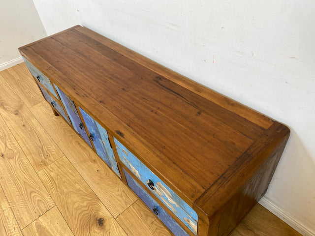 Formschönes Sideboard handgefertigt aus altem Bootsholz in Originalfarben mit Schubladen I Teakholz massiv I Kommode TV Lowboard Fernsehkommode Bank Bootsmöbel I