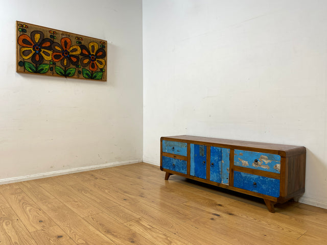 Formschönes Sideboard handgefertigt aus altem Bootsholz in Originalfarben mit Schubladen I Teakholz massiv I Kommode TV Lowboard Fernsehkommode Bank Bootsmöbel I