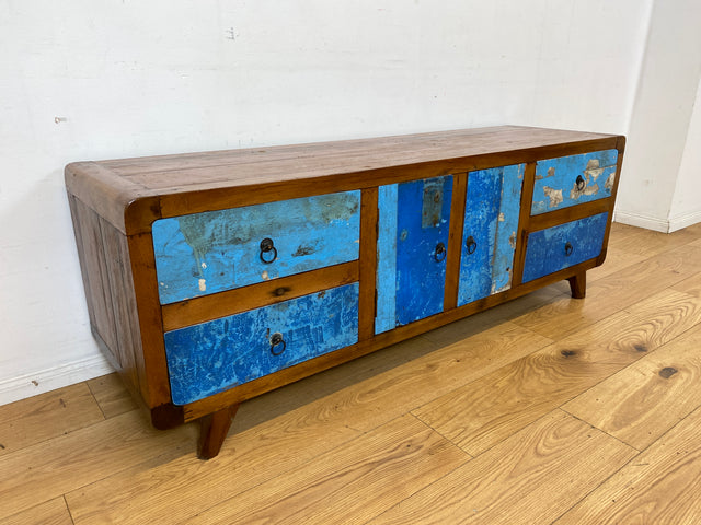 Formschönes Sideboard handgefertigt aus altem Bootsholz in Originalfarben mit Schubladen I Teakholz massiv I Kommode TV Lowboard Fernsehkommode Bank Bootsmöbel I