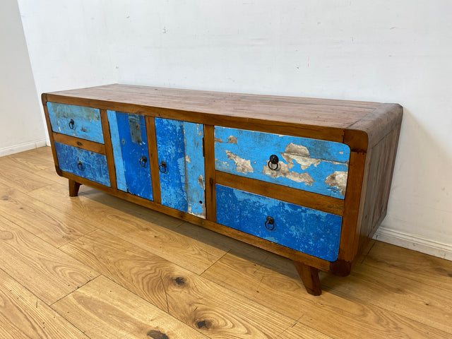 Formschönes Sideboard handgefertigt aus altem Bootsholz in Originalfarben mit Schubladen I Teakholz massiv I Kommode TV Lowboard Fernsehkommode Bank Bootsmöbel I