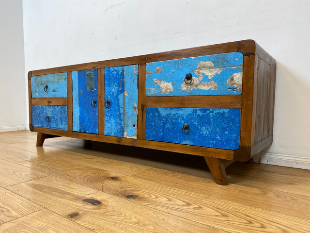 Formschönes Sideboard handgefertigt aus altem Bootsholz in Originalfarben mit Schubladen I Teakholz massiv I Kommode TV Lowboard Fernsehkommode Bank Bootsmöbel I