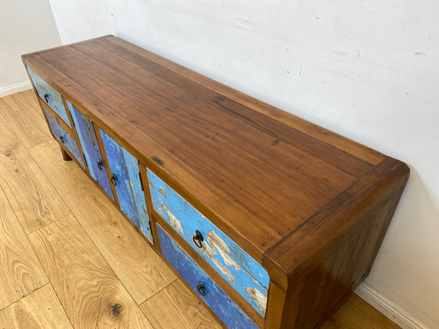 Formschönes Sideboard handgefertigt aus altem Bootsholz in Originalfarben mit Schubladen I Teakholz massiv I Kommode TV Lowboard Fernsehkommode Bank Bootsmöbel I