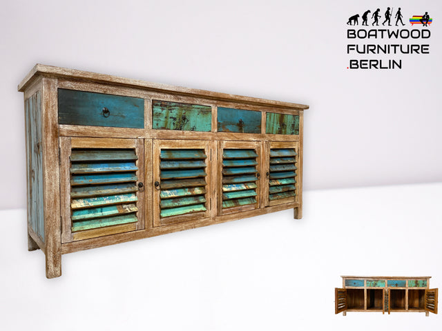 Einzigartiges handgefertigtes Sideboard aus altem Bootsholz in Originalfarben mit Schubladen und Lamellen Türen I Schrank Anrichte Kommode Küchenschrank Büfett I