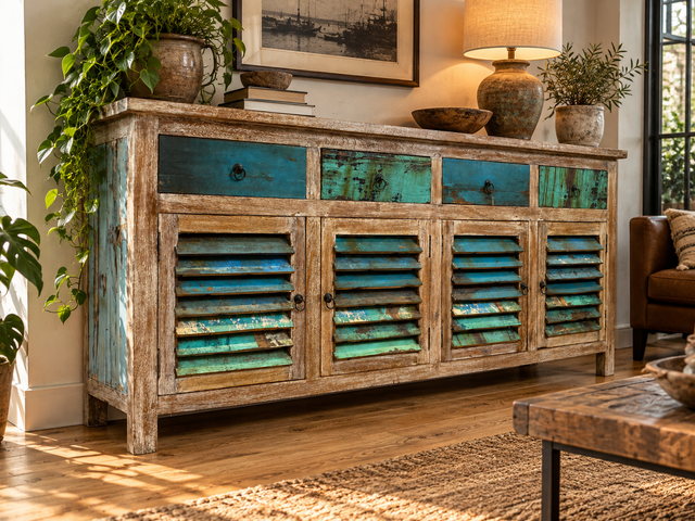 Einzigartiges handgefertigtes Sideboard aus altem Bootsholz in Originalfarben mit Schubladen und Lamellen Türen I Schrank Anrichte Kommode Küchenschrank Büfett I