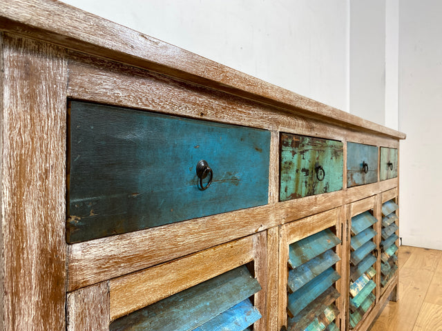 Einzigartiges handgefertigtes Sideboard aus altem Bootsholz in Originalfarben mit Schubladen und Lamellen Türen I Schrank Anrichte Kommode Küchenschrank Büfett I