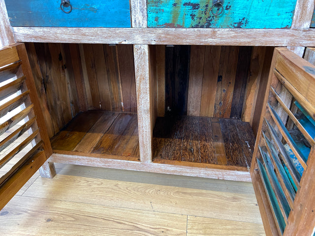 Einzigartiges handgefertigtes Sideboard aus altem Bootsholz in Originalfarben mit Schubladen und Lamellen Türen I Schrank Anrichte Kommode Küchenschrank Büfett I