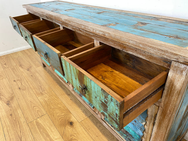 Einzigartiges handgefertigtes Sideboard aus altem Bootsholz in Originalfarben mit Schubladen und Lamellen Türen I Schrank Anrichte Kommode Küchenschrank Büfett I