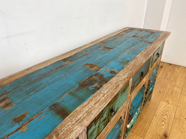 Einzigartiges handgefertigtes Sideboard aus altem Bootsholz in Originalfarben mit Schubladen und Lamellen Türen I Schrank Anrichte Kommode Küchenschrank Büfett I