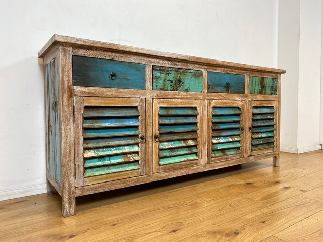 Einzigartiges handgefertigtes Sideboard aus altem Bootsholz in Originalfarben mit Schubladen und Lamellen Türen I Schrank Anrichte Kommode Küchenschrank Büfett I