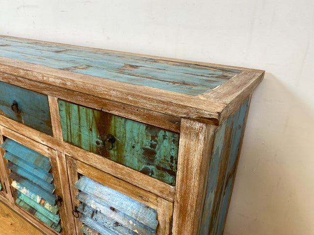 Einzigartiges handgefertigtes Sideboard aus altem Bootsholz in Originalfarben mit Schubladen und Lamellen Türen I Schrank Anrichte Kommode Küchenschrank Büfett I