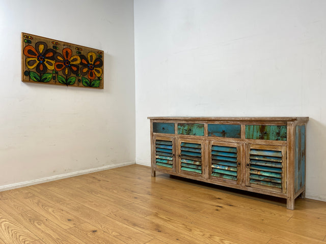 Einzigartiges handgefertigtes Sideboard aus altem Bootsholz in Originalfarben mit Schubladen und Lamellen Türen I Schrank Anrichte Kommode Küchenschrank Büfett I