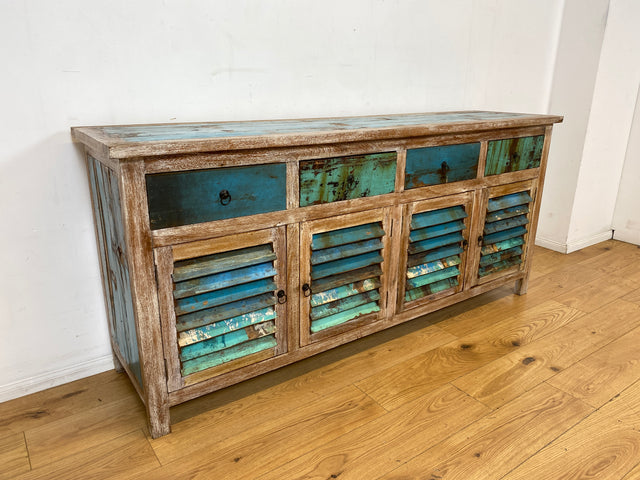 Einzigartiges handgefertigtes Sideboard aus altem Bootsholz in Originalfarben mit Schubladen und Lamellen Türen I Schrank Anrichte Kommode Küchenschrank Büfett I