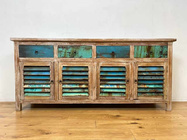 Einzigartiges handgefertigtes Sideboard aus altem Bootsholz in Originalfarben mit Schubladen und Lamellen Türen I Schrank Anrichte Kommode Küchenschrank Büfett I