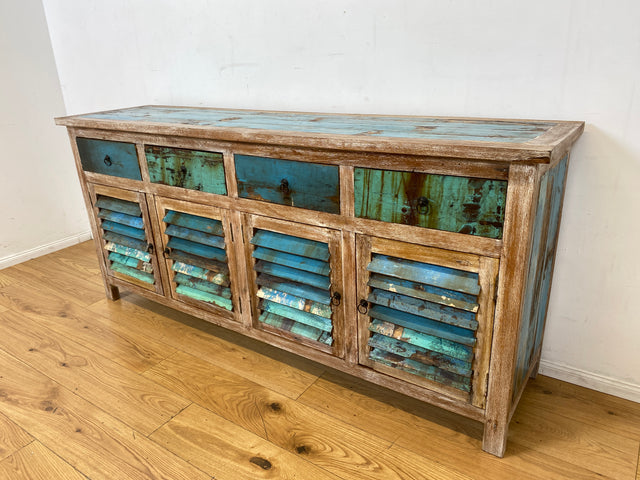 Einzigartiges handgefertigtes Sideboard aus altem Bootsholz in Originalfarben mit Schubladen und Lamellen Türen I Schrank Anrichte Kommode Küchenschrank Büfett I