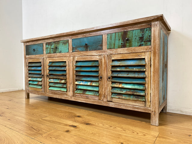 Einzigartiges handgefertigtes Sideboard aus altem Bootsholz in Originalfarben mit Schubladen und Lamellen Türen I Schrank Anrichte Kommode Küchenschrank Büfett I
