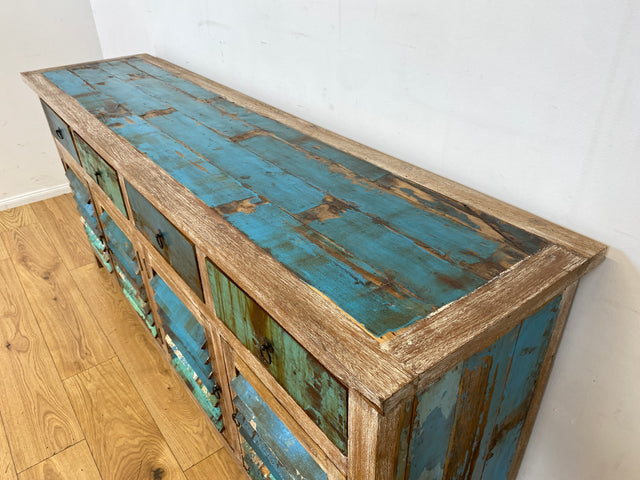 Einzigartiges handgefertigtes Sideboard aus altem Bootsholz in Originalfarben mit Schubladen und Lamellen Türen I Schrank Anrichte Kommode Küchenschrank Büfett I
